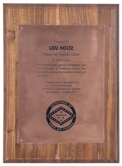 1978 Department of Arkansas Parks and Tourism Appreciation Plaque Presented To Lou Holtz (Holtz LOA)